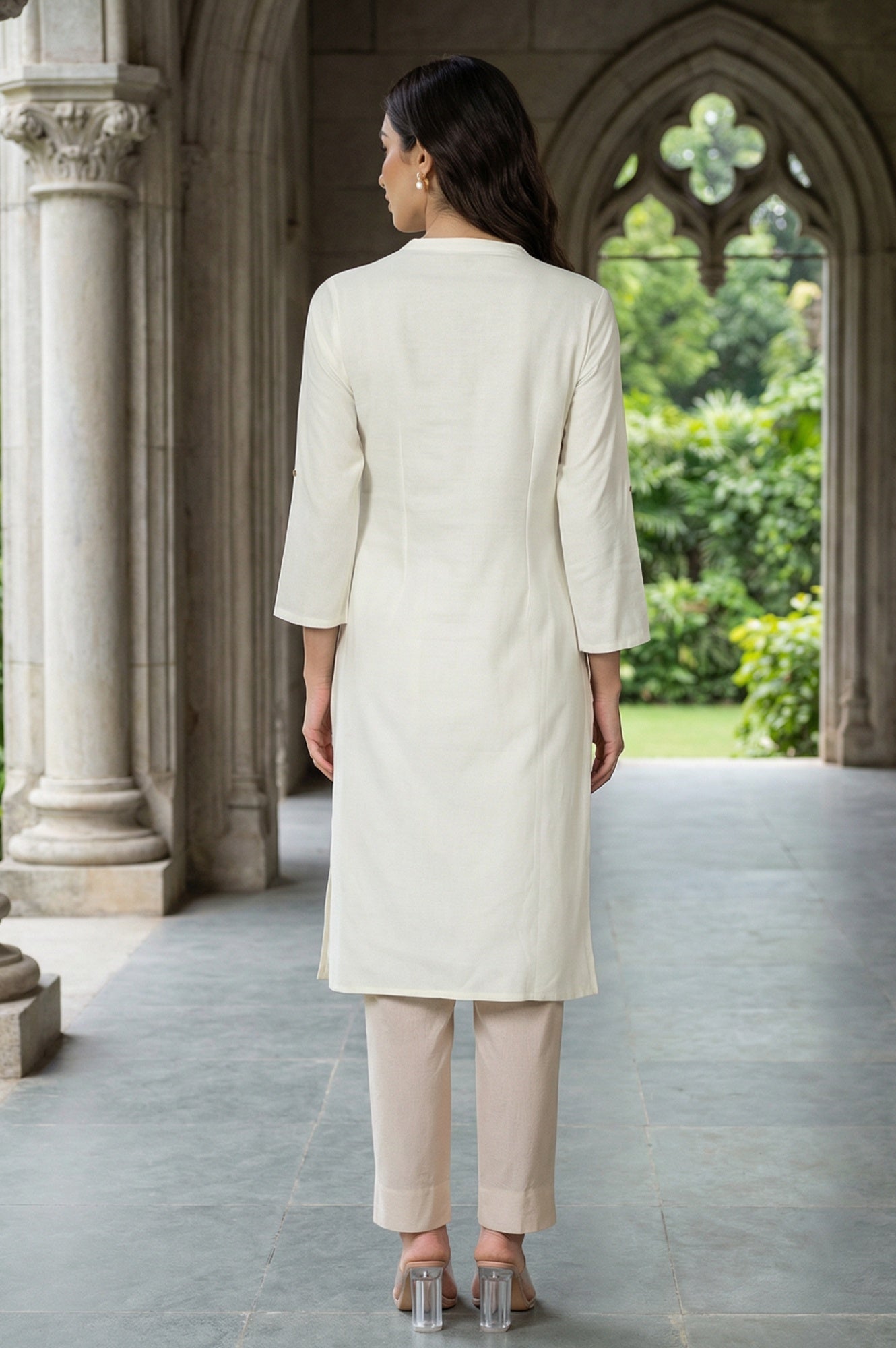 W for Woman White Mandarin Collar Cotton Blend Straight Kurta With W Branding