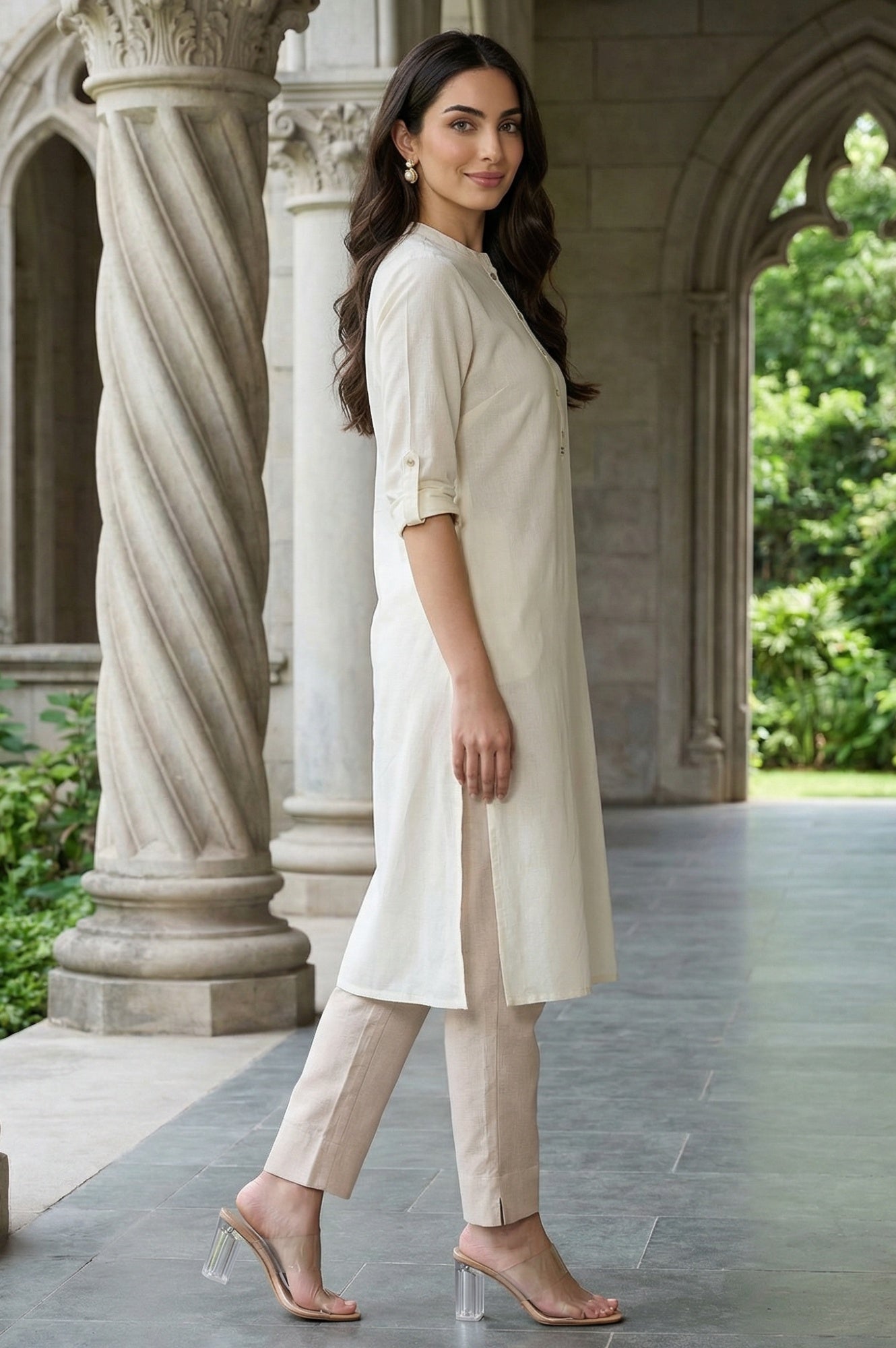 W for Woman White Mandarin Collar Cotton Blend Straight Kurta With W Branding