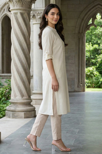 W for Woman White Mandarin Collar Cotton Blend Straight Kurta With W Branding