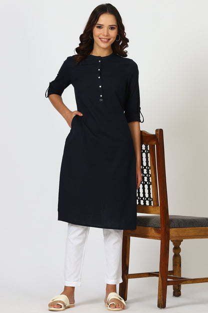 W for Woman Navy Blue Mandarin Collar Cotton Blend Straight Kurta With W Branding