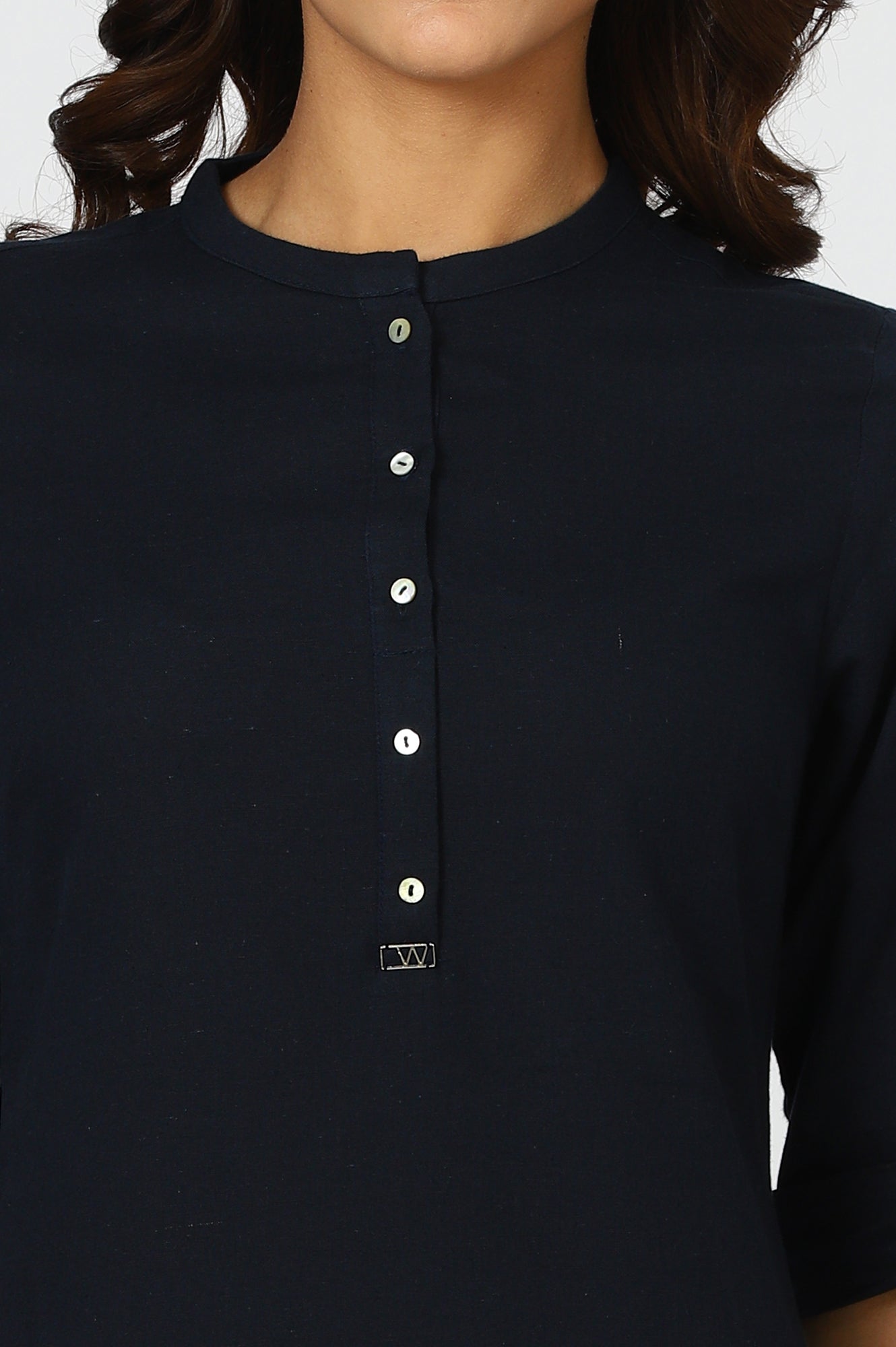 W for Woman Navy Blue Mandarin Collar Cotton Blend Straight Kurta With W Branding
