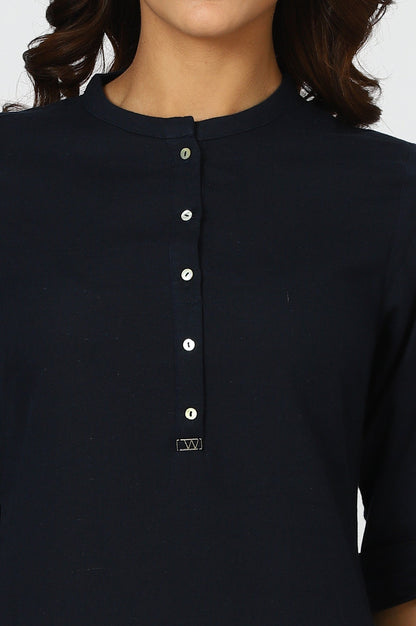 W for Woman Navy Blue Mandarin Collar Cotton Blend Straight Kurta With W Branding