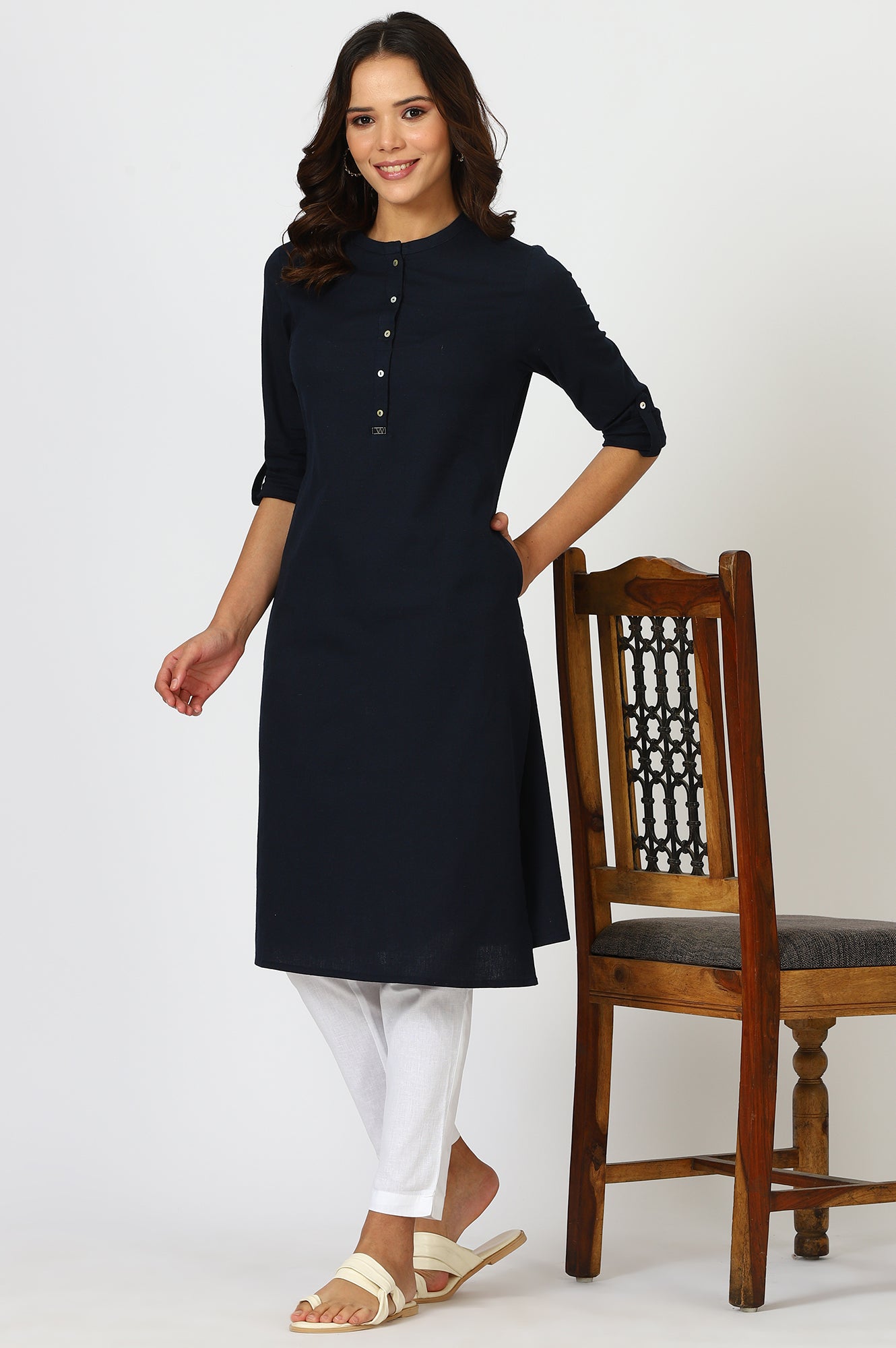 W for Woman Navy Blue Mandarin Collar Cotton Blend Straight Kurta With W Branding
