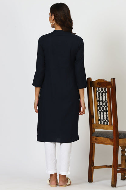 W for Woman Navy Blue Mandarin Collar Cotton Blend Straight Kurta With W Branding