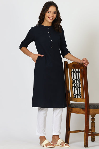 W for Woman Navy Blue Mandarin Collar Cotton Blend Straight Kurta With W Branding
