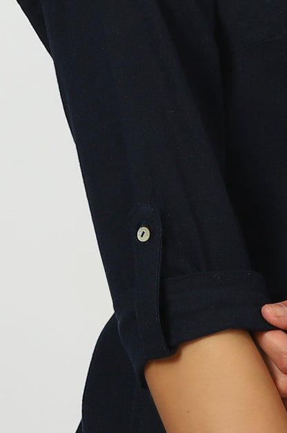 W for Woman Navy Blue Mandarin Collar Cotton Blend Straight Kurta With W Branding