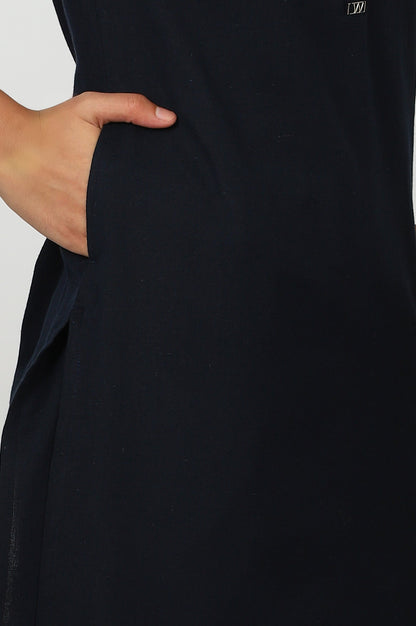 W for Woman Navy Blue Mandarin Collar Cotton Blend Straight Kurta With W Branding
