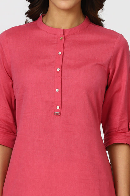 W for Woman Pink Mandarin Collar Cotton Blend Straight Kurta With W Branding