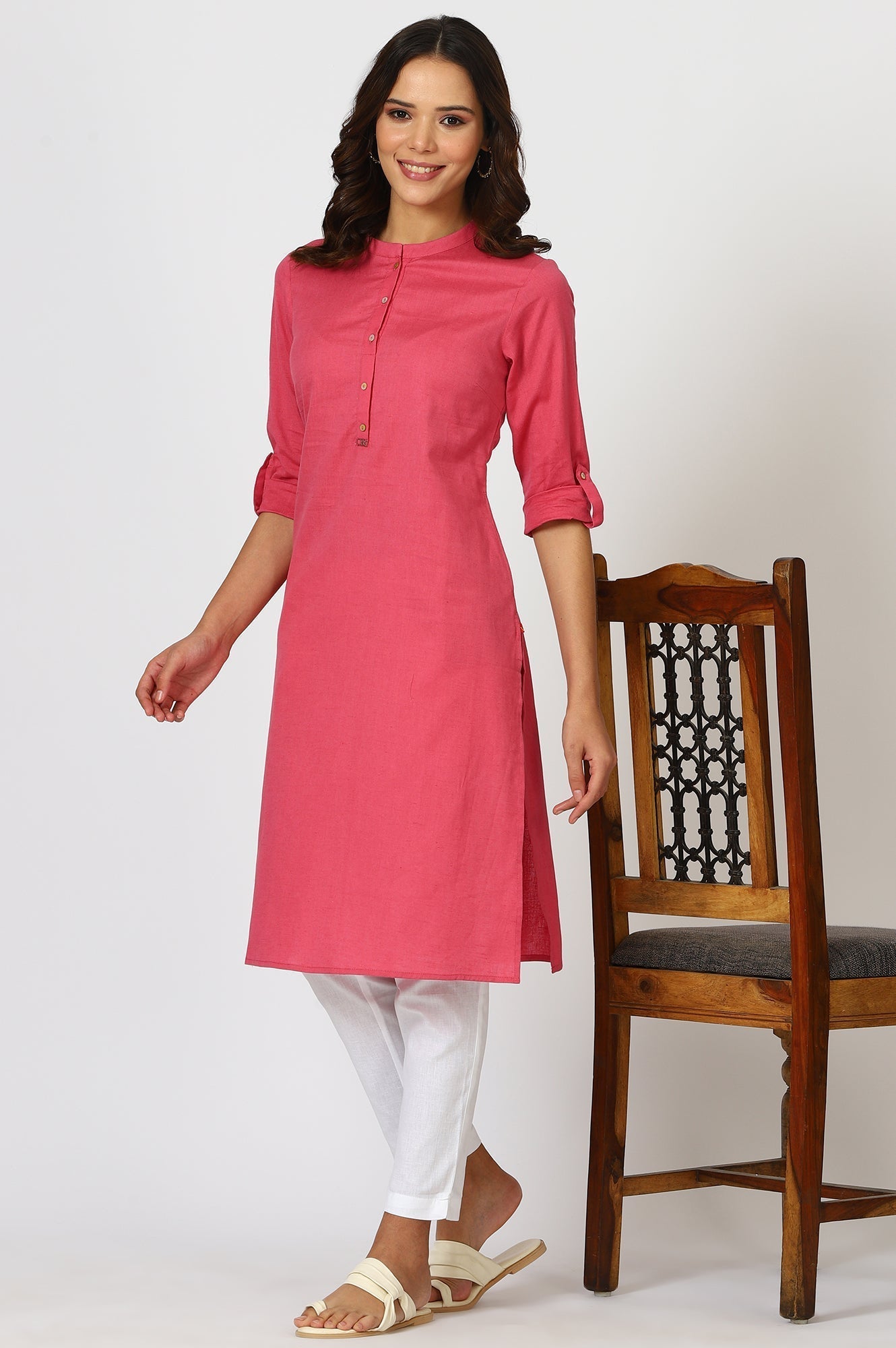 W for Woman Pink Mandarin Collar Cotton Blend Straight Kurta With W Branding