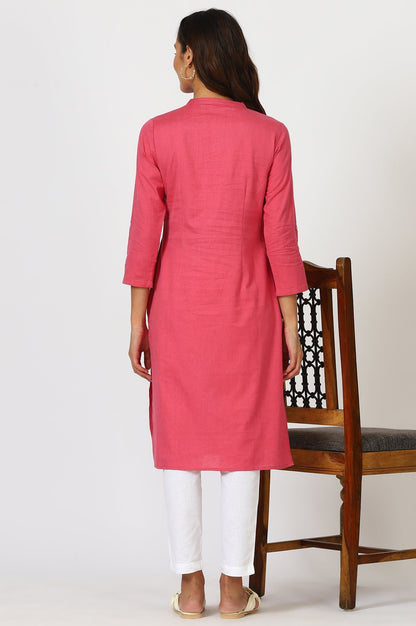 W for Woman Pink Mandarin Collar Cotton Blend Straight Kurta With W Branding