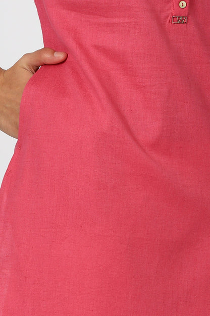 W for Woman Pink Mandarin Collar Cotton Blend Straight Kurta With W Branding