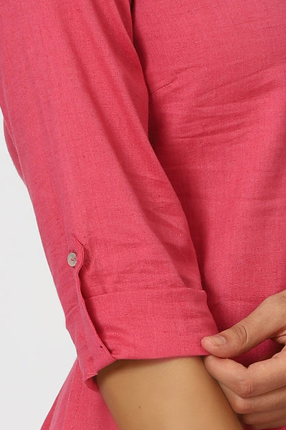 W for Woman Pink Mandarin Collar Cotton Blend Straight Kurta With W Branding