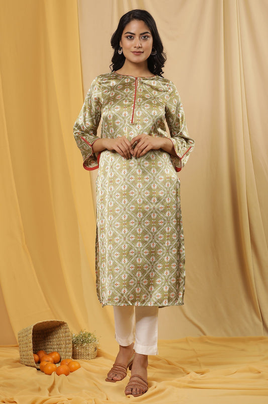 W for Woman Green Printed Japanese Satin Kurta And Pants Set