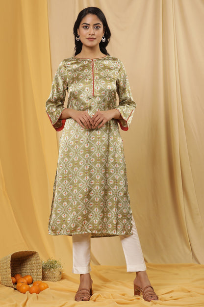 W for Woman Green Printed Japanese Satin Kurta And Pants Set