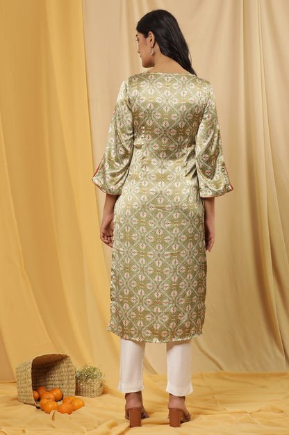 W for Woman Green Printed Japanese Satin Kurta And Pants Set