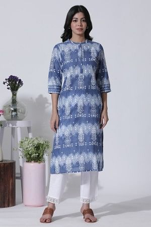 W for Woman Blue Printed Tie-Dye Cotton Kurta And Straight Pants Set