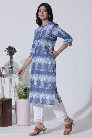 W for Woman Blue Printed Tie-Dye Cotton Kurta And Straight Pants Set