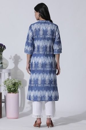 W for Woman Blue Printed Tie-Dye Cotton Kurta And Straight Pants Set