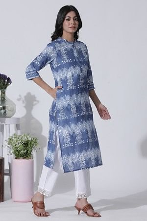 W for Woman Blue Printed Tie-Dye Cotton Kurta And Straight Pants Set
