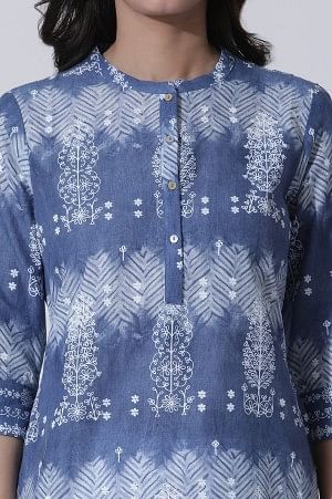 W for Woman Blue Printed Tie-Dye Cotton Kurta And Straight Pants Set