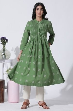 W for Woman Green Dobby Polka Dot Dress And Pants Set