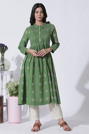 W for Woman Green Dobby Polka Dot Dress And Pants Set