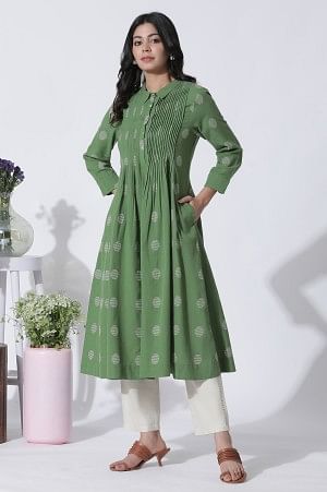 W for Woman Green Dobby Polka Dot Dress And Pants Set