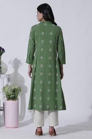 W for Woman Green Dobby Polka Dot Dress And Pants Set