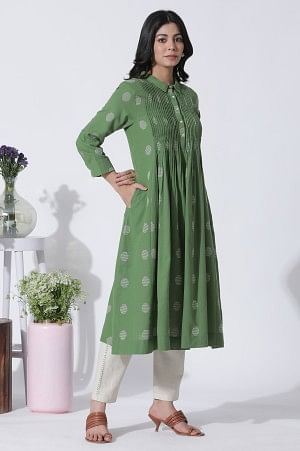 W for Woman Green Dobby Polka Dot Dress And Pants Set