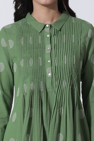 W for Woman Green Dobby Polka Dot Dress And Pants Set