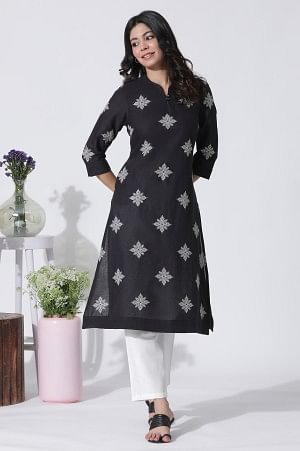 W for Woman Black Cotton Flax Embroidered Kurta And Pants Set