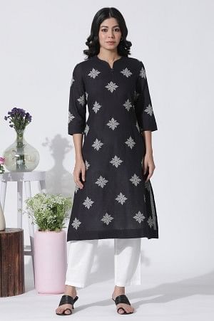 W for Woman Black Cotton Flax Embroidered Kurta And Pants Set