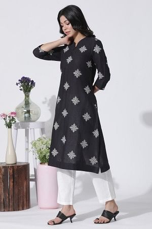 W for Woman Black Cotton Flax Embroidered Kurta And Pants Set