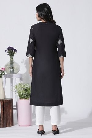 W for Woman Black Cotton Flax Embroidered Kurta And Pants Set