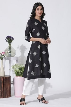 W for Woman Black Cotton Flax Embroidered Kurta And Pants Set