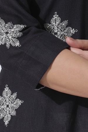 W for Woman Black Cotton Flax Embroidered Kurta And Pants Set