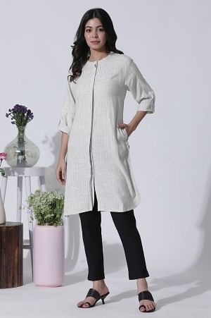 W for Woman Off-White Striped Yar-Dyed Shirt Kurta And Pants Set