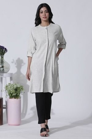 W for Woman Off-White Striped Yar-Dyed Shirt Kurta And Pants Set