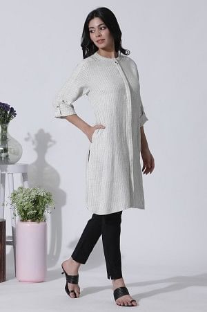 W for Woman Off-White Striped Yar-Dyed Shirt Kurta And Pants Set