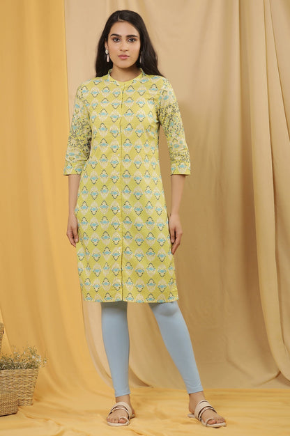 W for Woman Green Printed Kurta And Tights Set