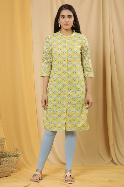W for Woman Green Printed Kurta And Tights Set