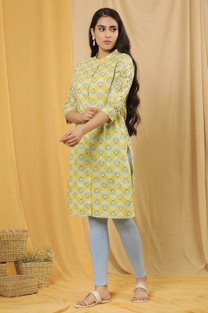 W for Woman Green Printed Kurta And Tights Set