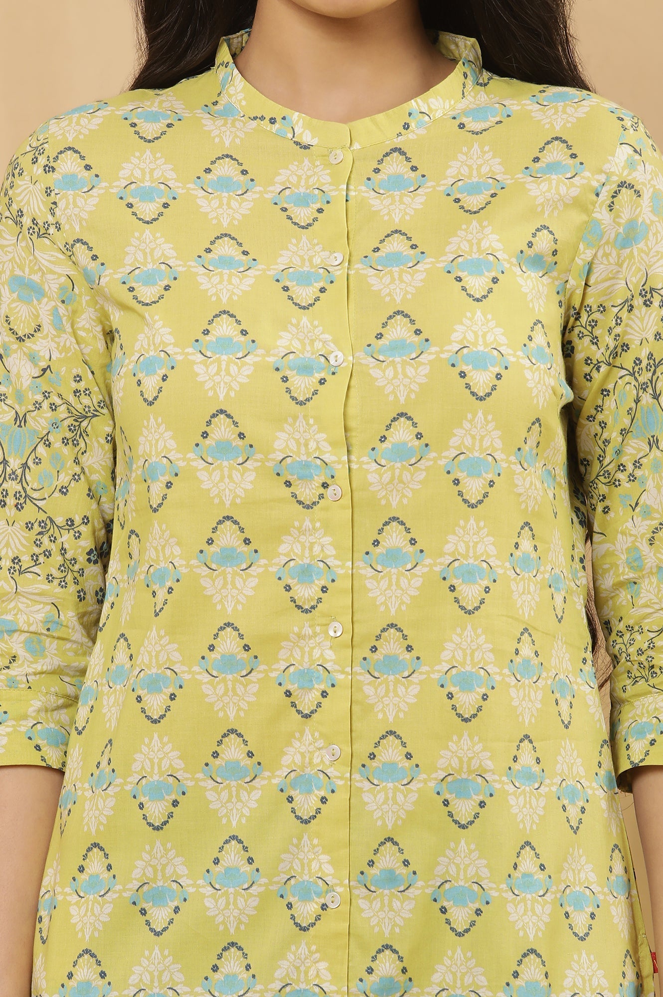 W for Woman Green Printed Kurta And Tights Set
