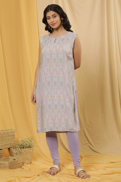 W for Woman Purple Printed Sleeveless Kurta And Tights Set