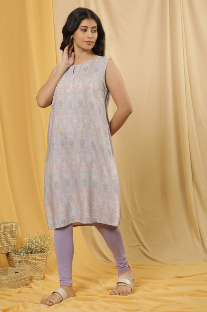 W for Woman Purple Printed Sleeveless Kurta And Tights Set