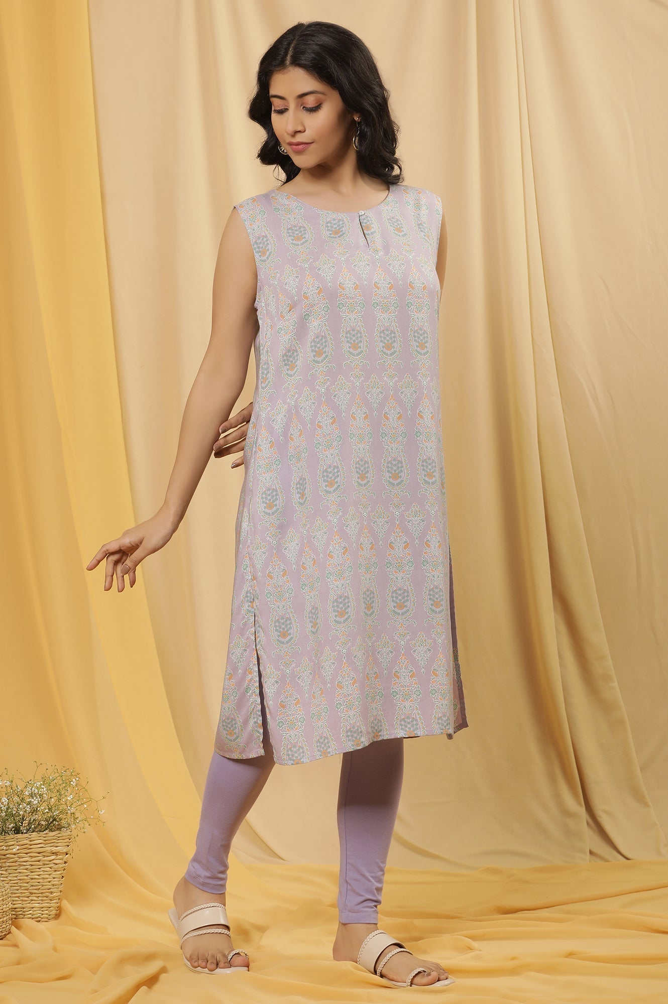 W for Woman Purple Printed Sleeveless Kurta And Tights Set