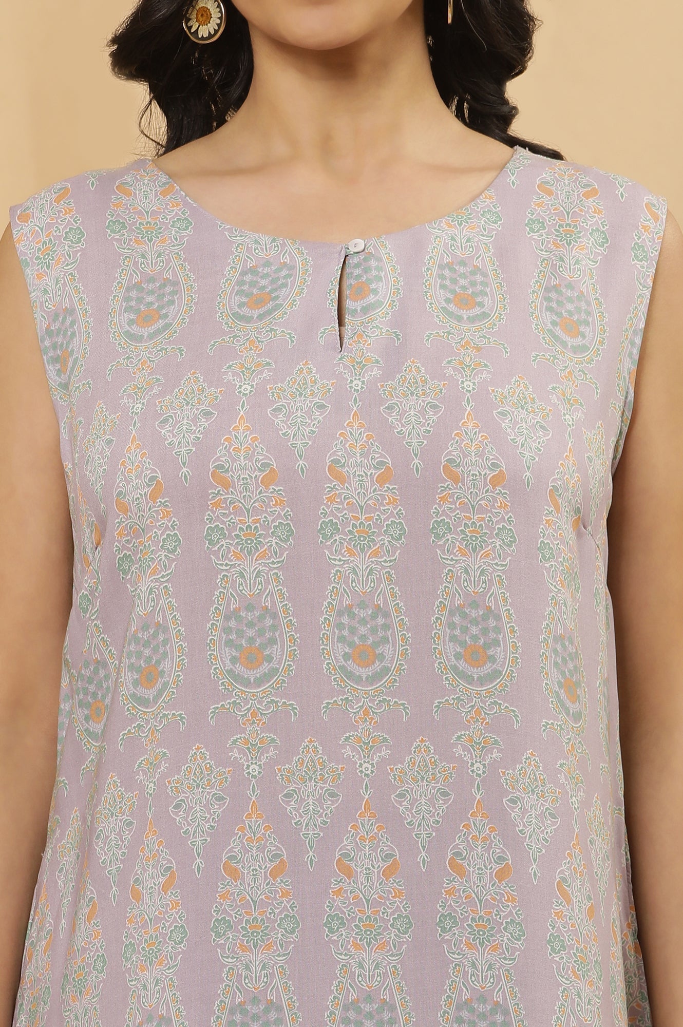 W for Woman Purple Printed Sleeveless Kurta And Tights Set