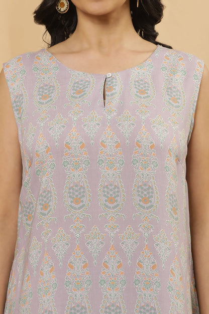 W for Woman Purple Printed Sleeveless Kurta And Tights Set