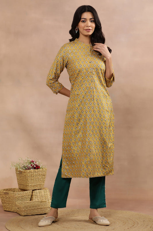 W for Woman Mustard Glitter Printed Kurta And Slim Pants Set