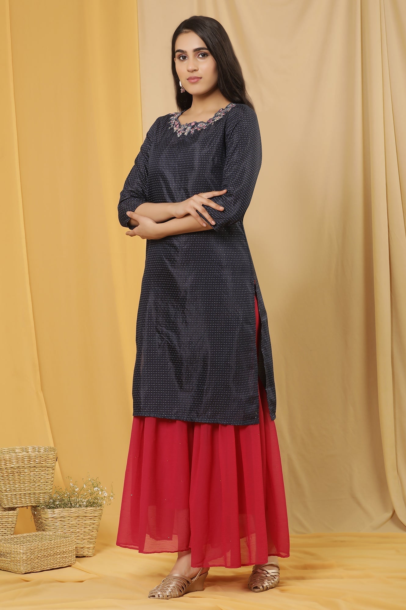 W for Woman Blue Embroidered Kurta And Sharara Set